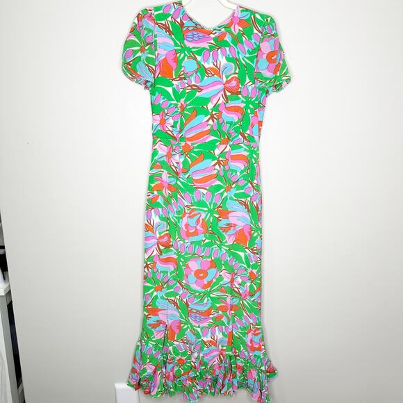 RHODE Lulani Dress White Fleur Tropicale Ruffle Hem Midi Green Floral Dress 4 - Picture 3 of 10